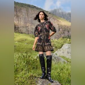 NEW FARM Rio Black Belle Garden Lace Belted Mini Dress